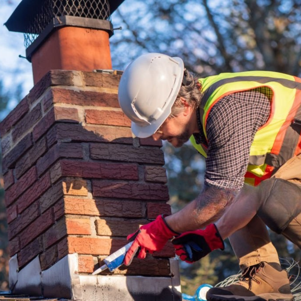 Chimney repair worker repairing brick and masonry on chimney.