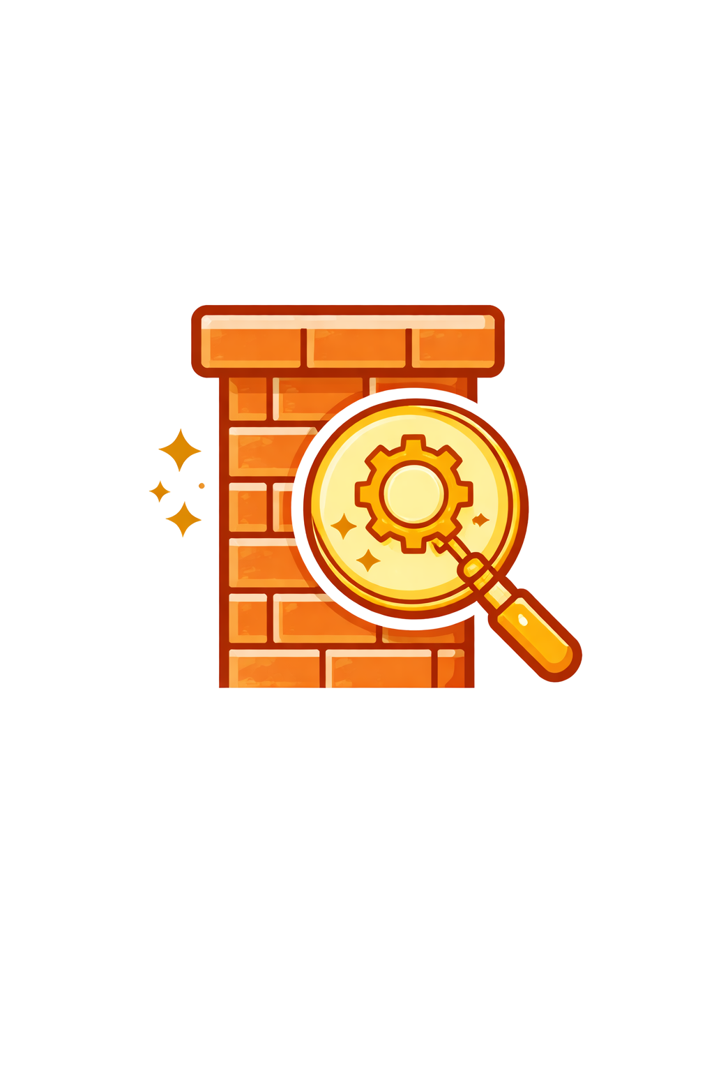 Brick chimney with magnifying glass symbol representing chimney inspection service