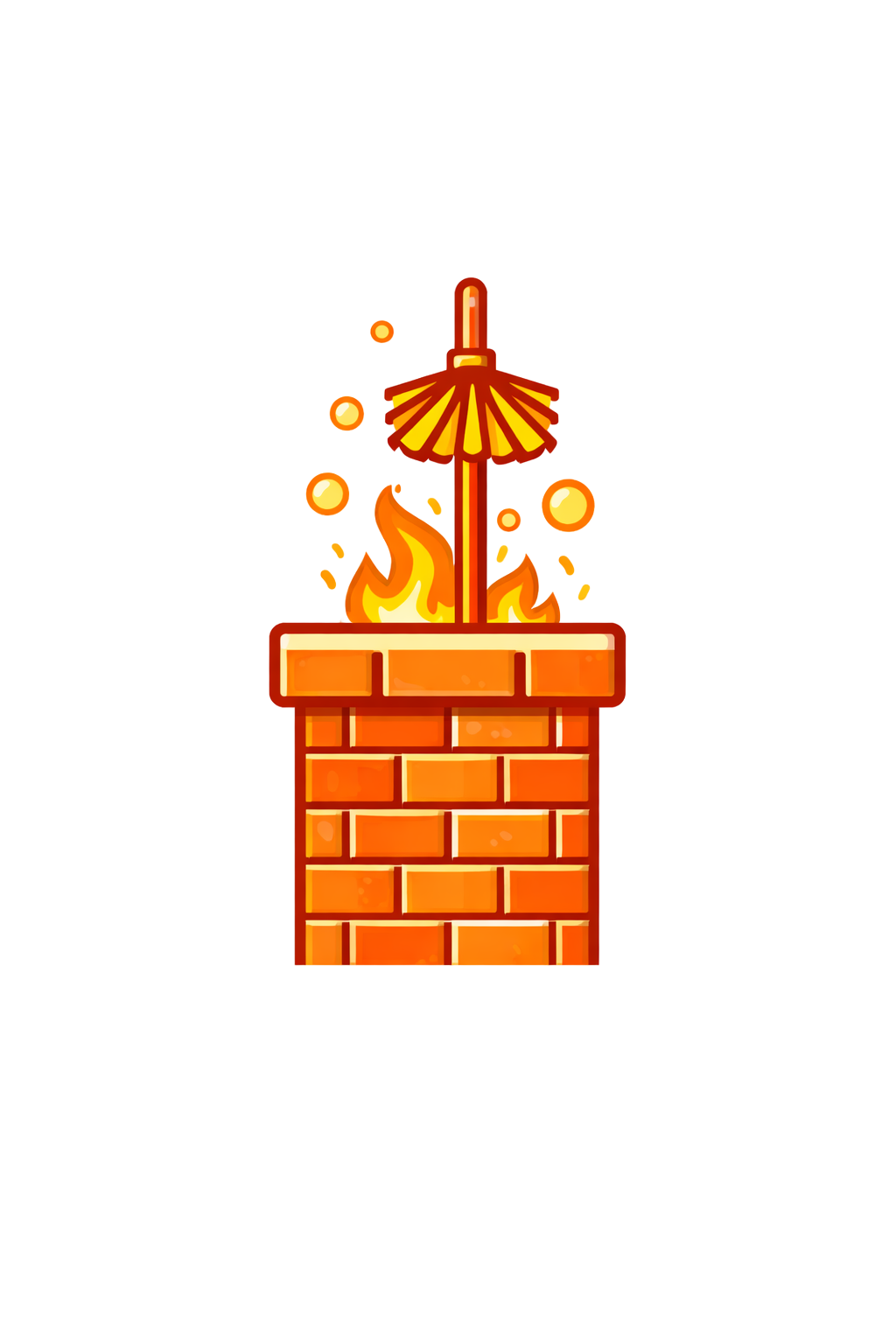Brick chimney with cleaning brush and flame illustrating professional chimney cleaning