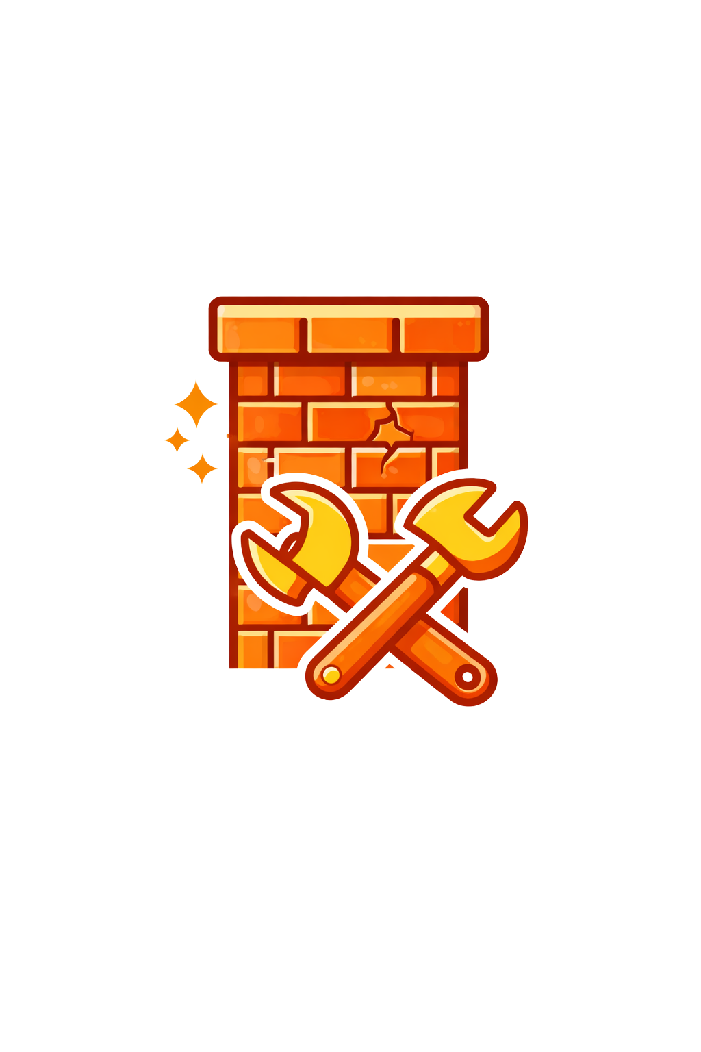 Cracked brick chimney with crossed tools representing chimney repair work
