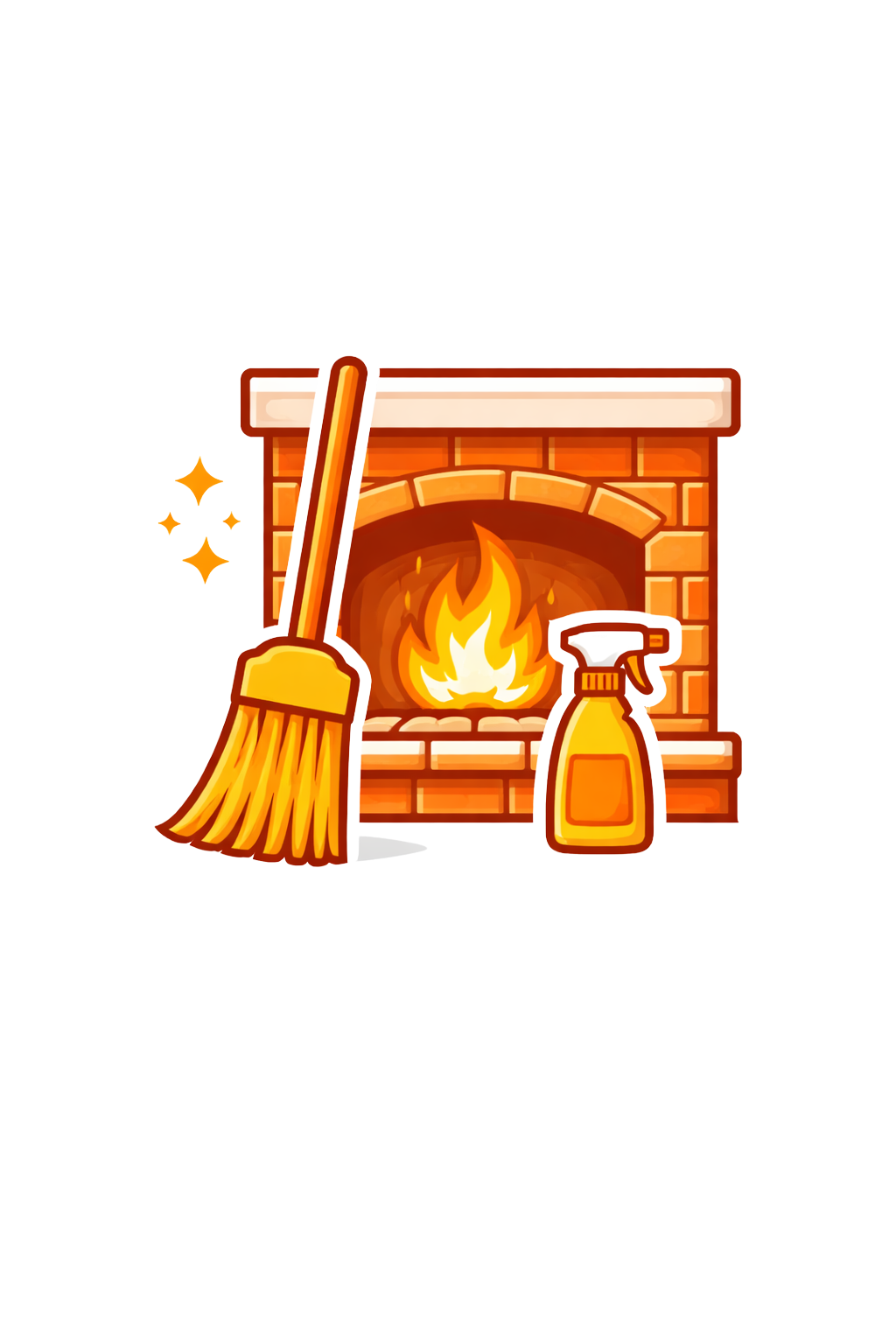 Brick fireplace with broom and cleaning spray showing fireplace cleaning service
