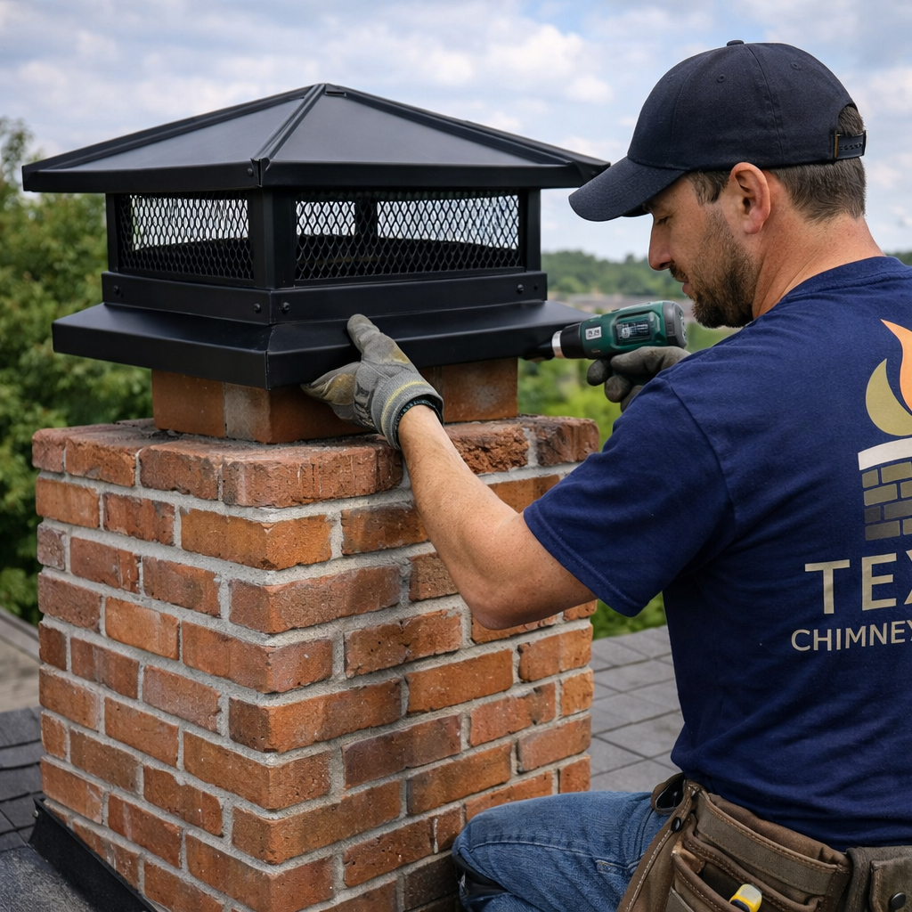 Black chimney cap repair and installation in Mckinney Texas by family owned chimney company.
