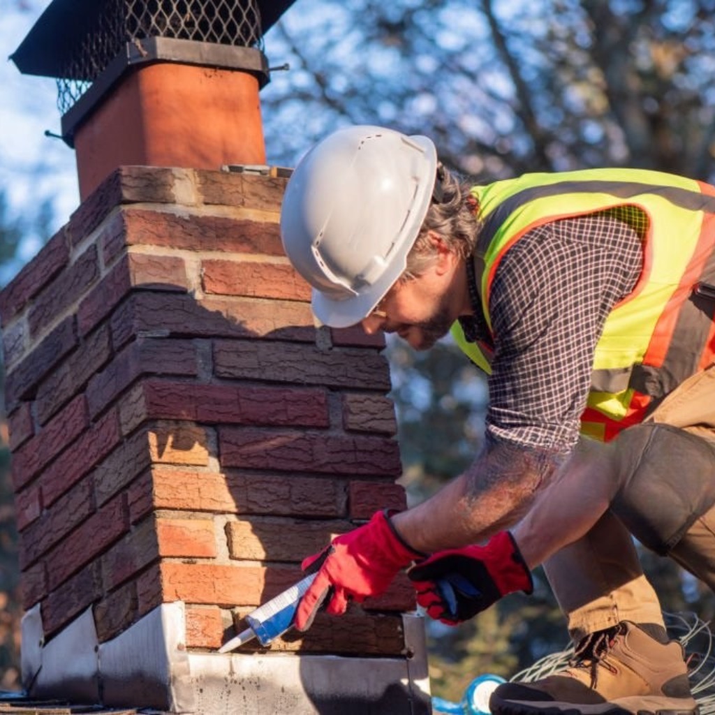 Chimney repair worker in Dallas repairing brick and masonry on chimney.