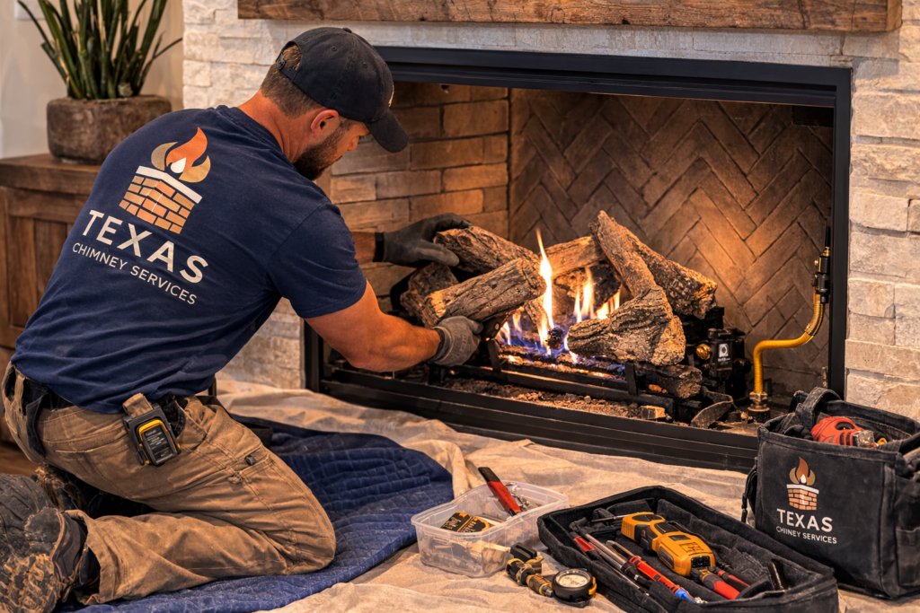 technician installing gas logs in residential fireplace.