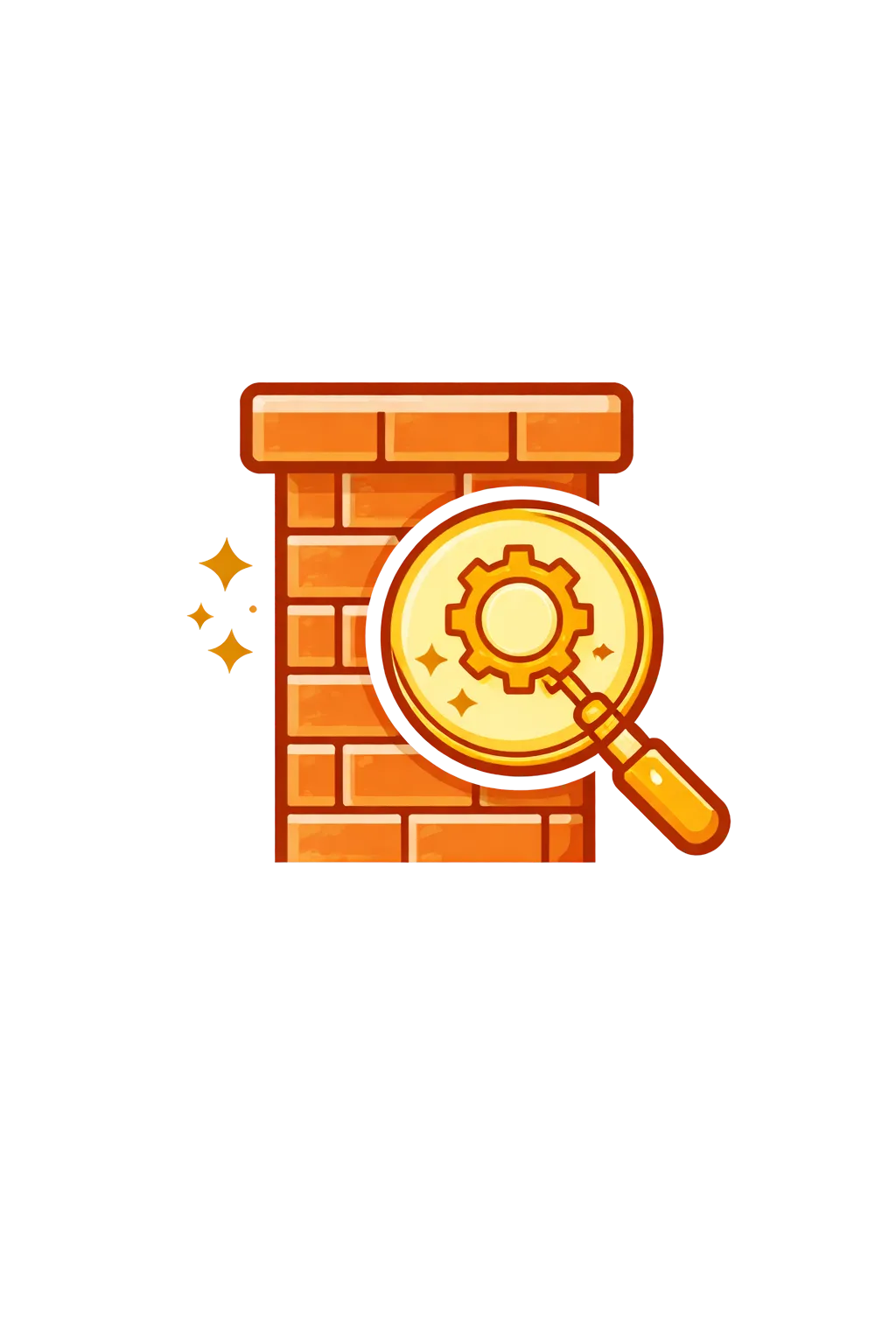 Brick chimney icon with a magnifying glass and gear