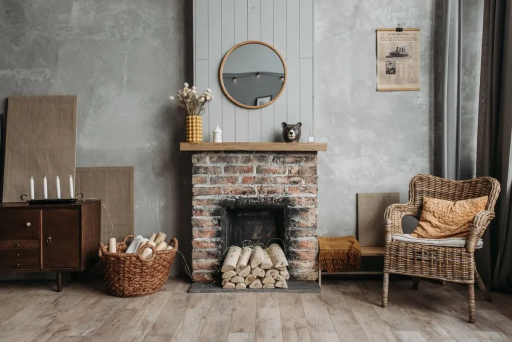 Brick fireplace with stacked firewood, a round mirror and a wicker armchair