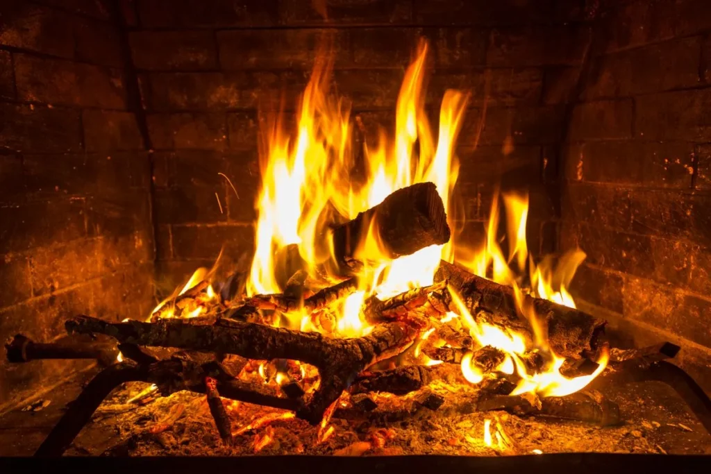 Close-up of a wood fire burning in a fireplace